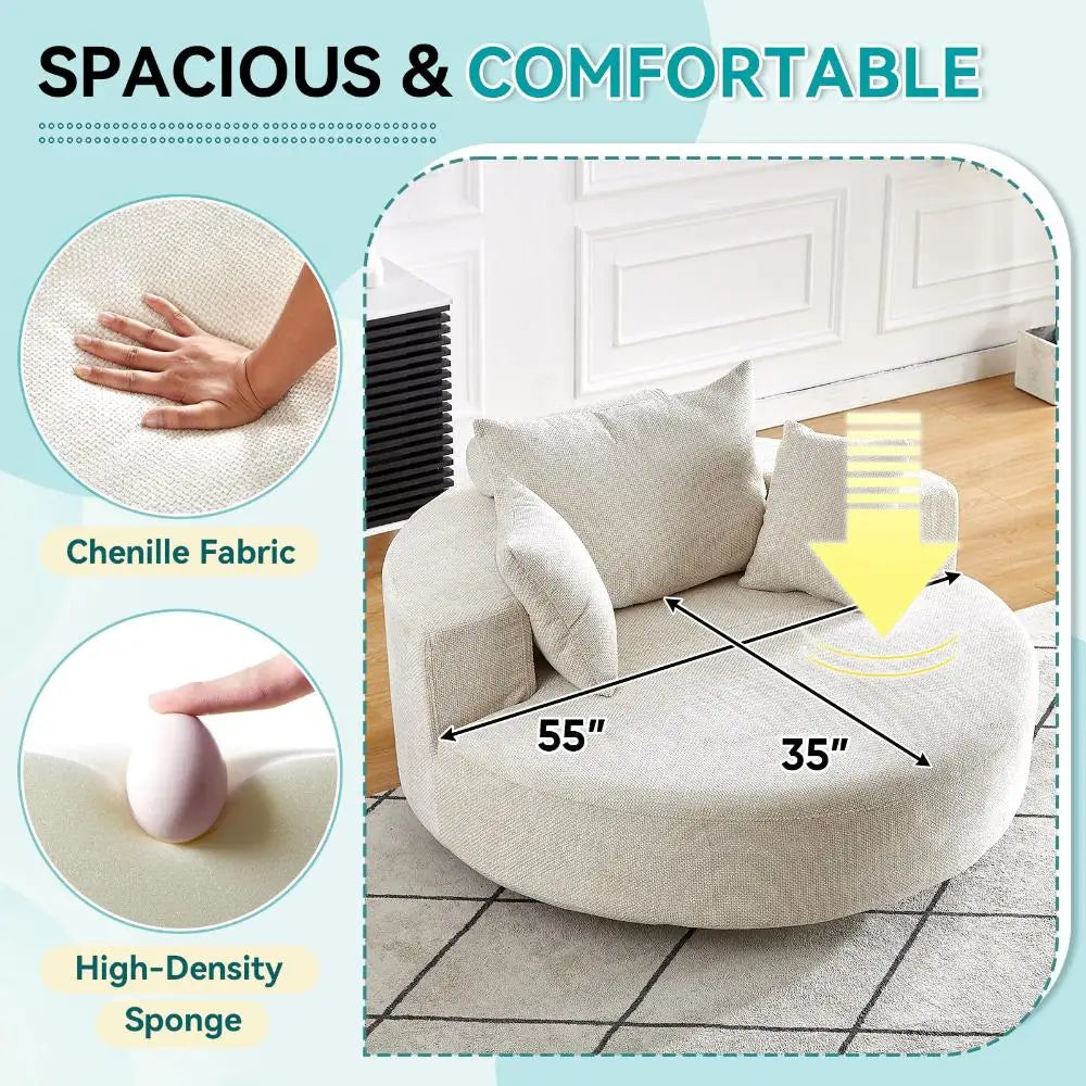 55"W Oversized Swivel Accent Chair,360 Degree Upholstered Chenille Swivel Barrel Chair,Comfy