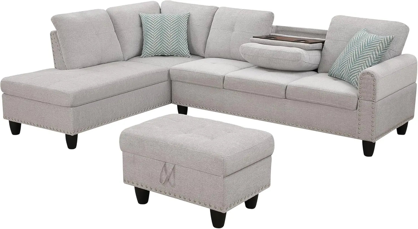 Living Room Furniture Sets Sectional Sofa Modern L-Shaped Sofa/2 Pillows Ottoman Corner Couch Grey