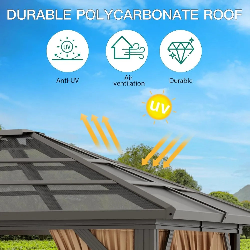 Aluminum Framed Pavilion w/Double Polycarbonate Roof, Curtains, and Netting for 10x12 Gazebo