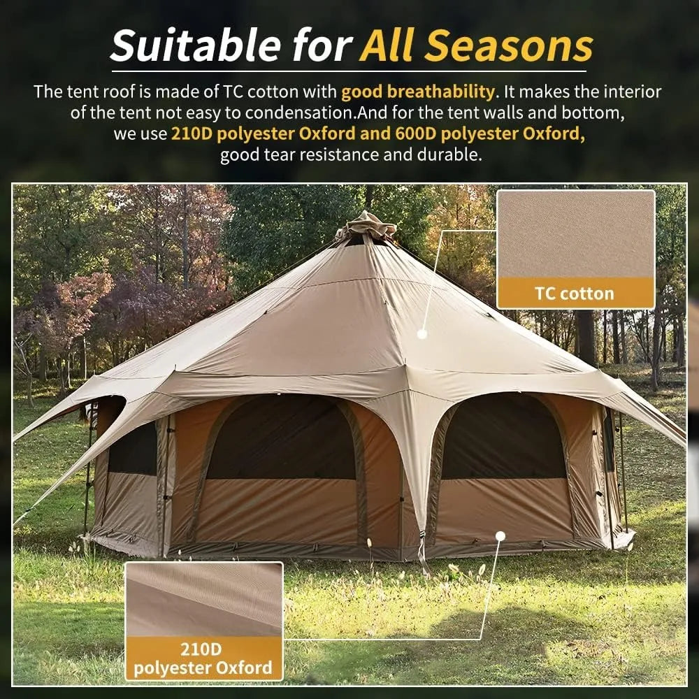 Canvas Bell Tent 16.4ft*High 9.2ft w/Stove Jack/Family Camping Zipped Removable Floor