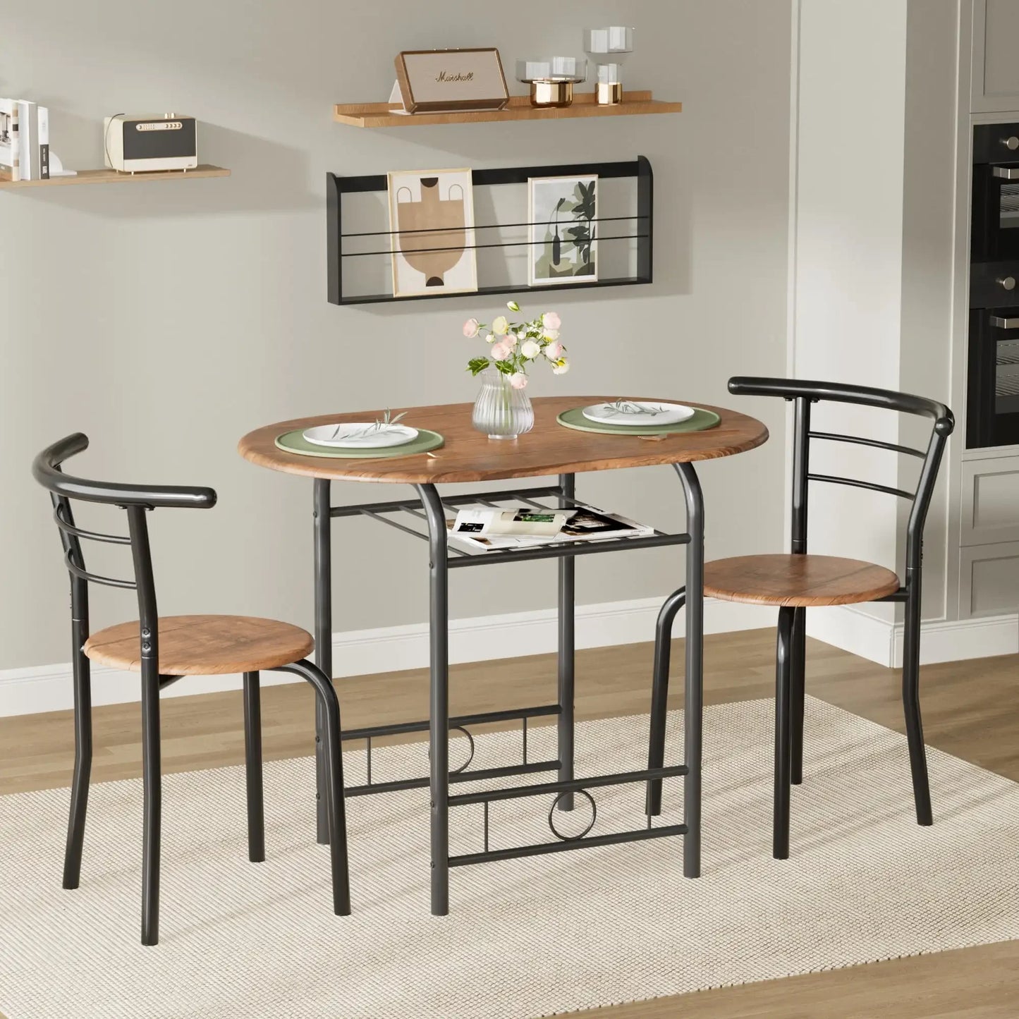 Vineego 3-Piece Small Kitchen Dining Set for 2 Black Wooden Table/Chairs Space Saving Breakfast Set