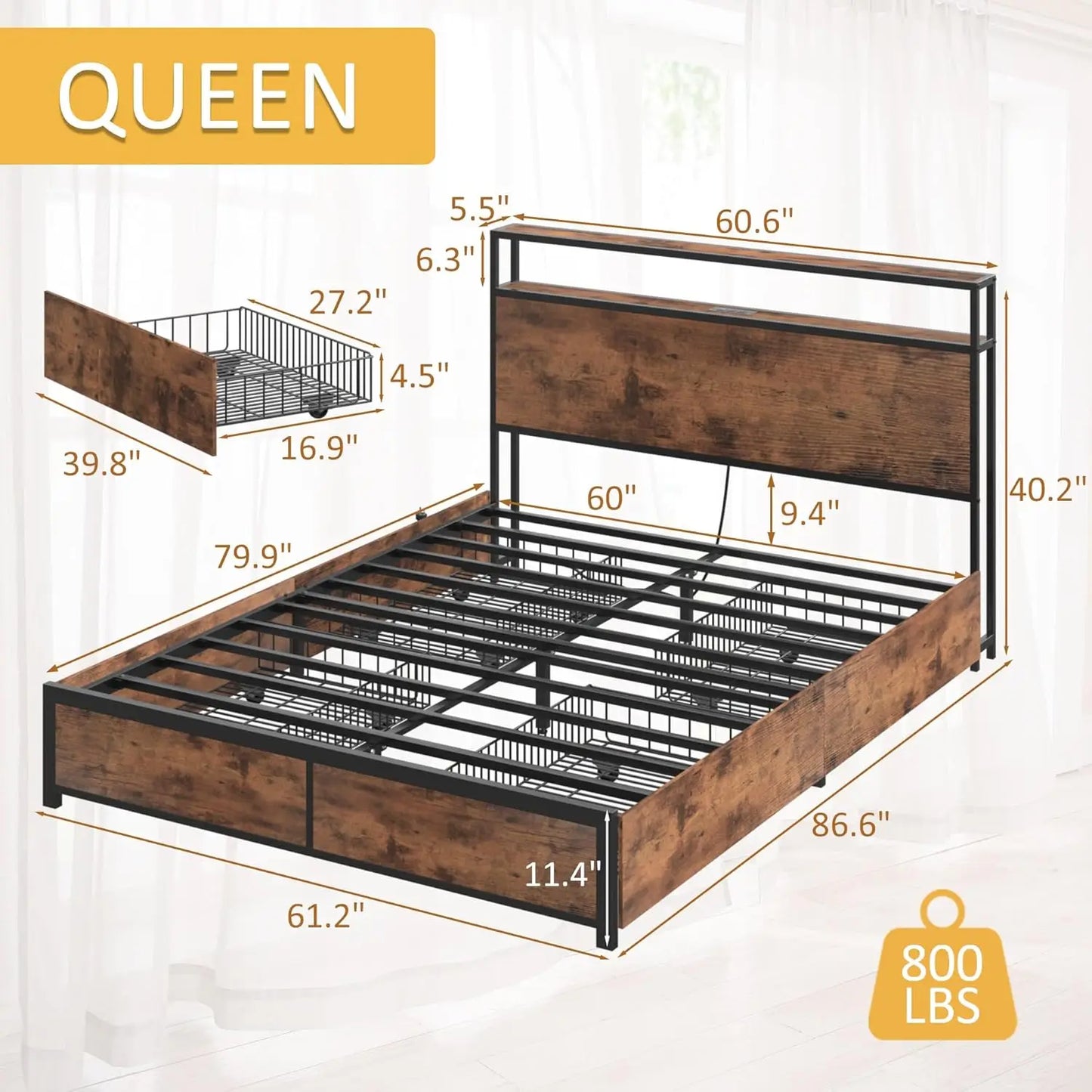 2 Tier Storage Headboard Metal Platform Frame w/4 Drawers Built in Charging Station  LED Noise-Free