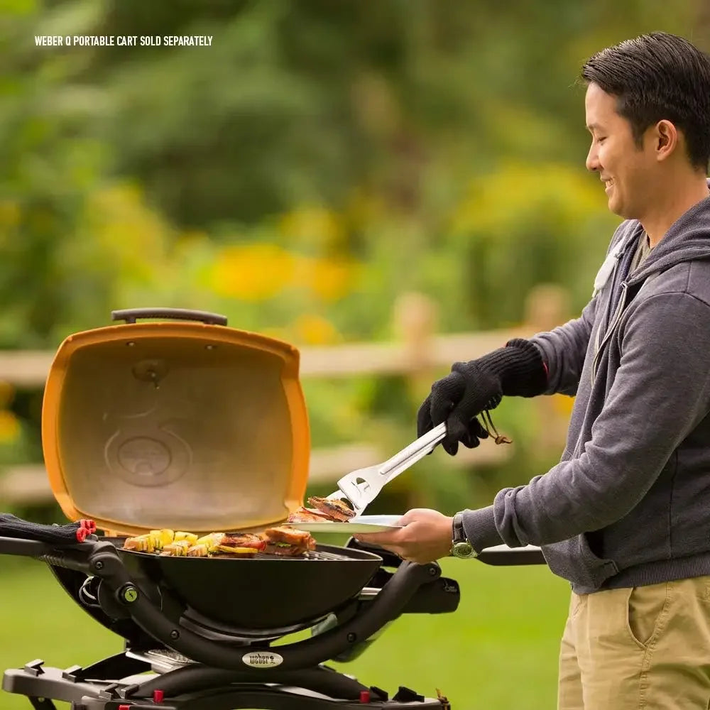 Q1200 Liquid Propane Grill,  Porcelain-enameled cast-iron cooking grates and cast aluminum lid