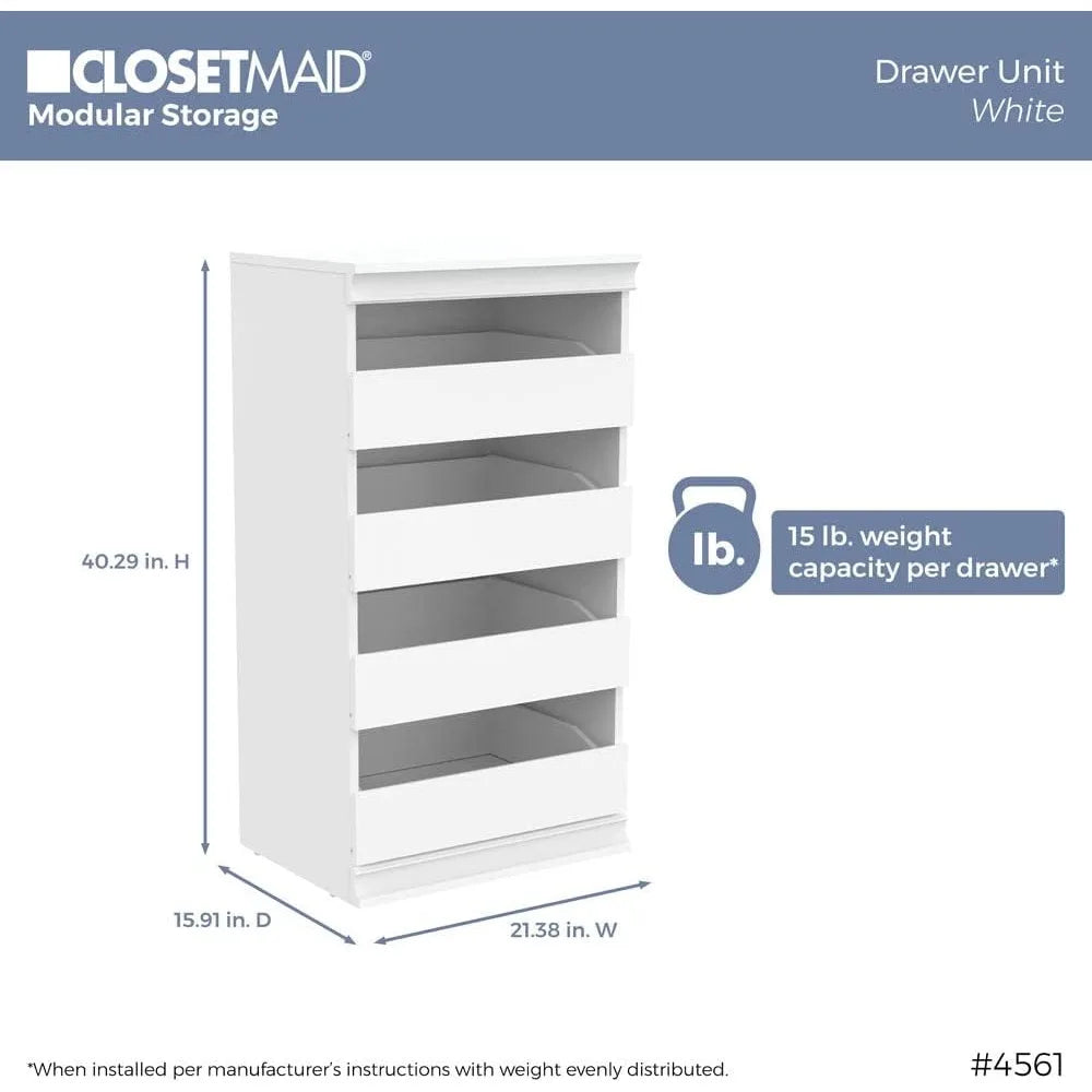 Modular Storage Unit with 4 Drawers, Wood Closet Organizer, Stacking, Full Backer, Storage, Decorative Trim, White