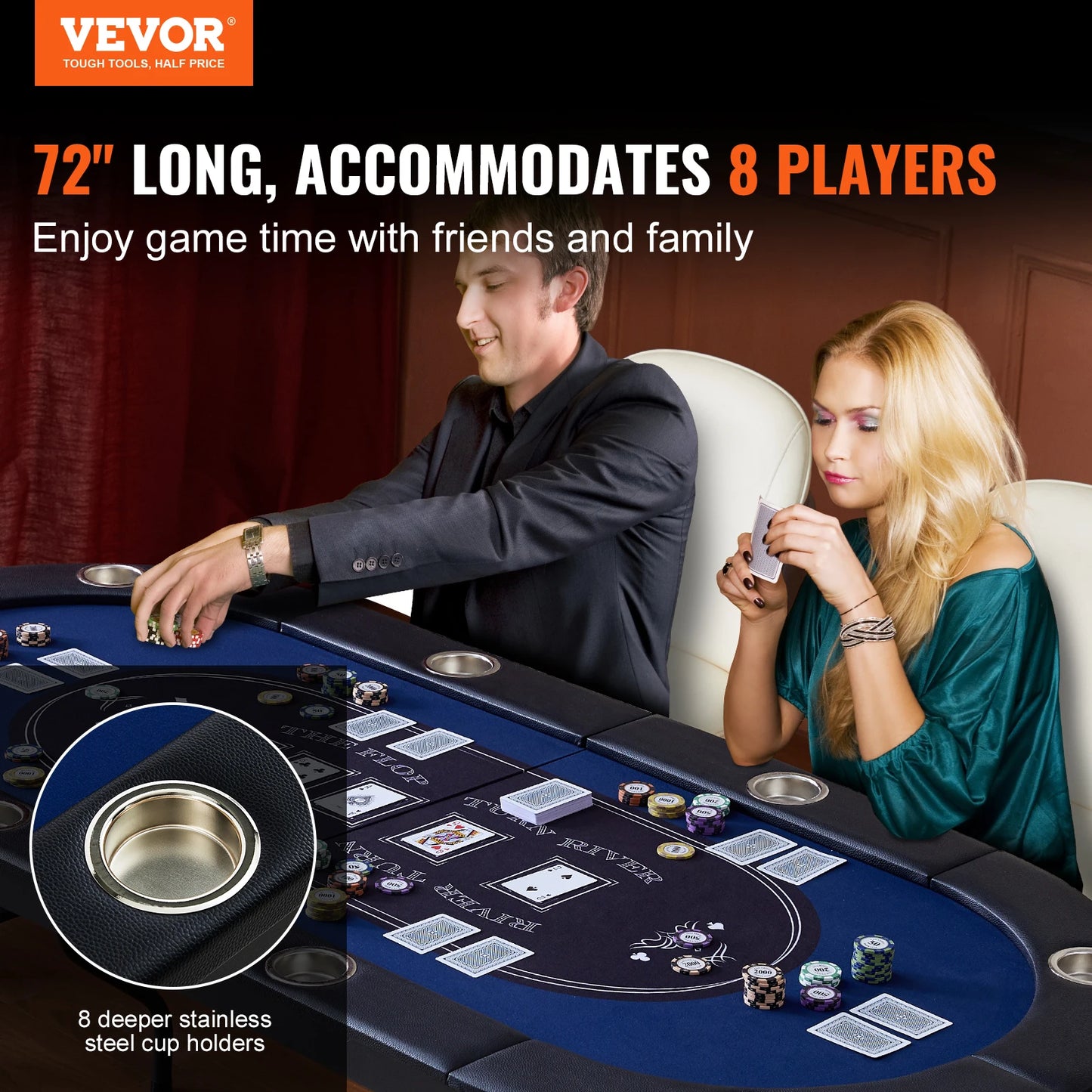 VEVOR 8 Player Foldable Poker Table Blackjack Texas Holdem with Padded Rails and Stainless Steel Cup