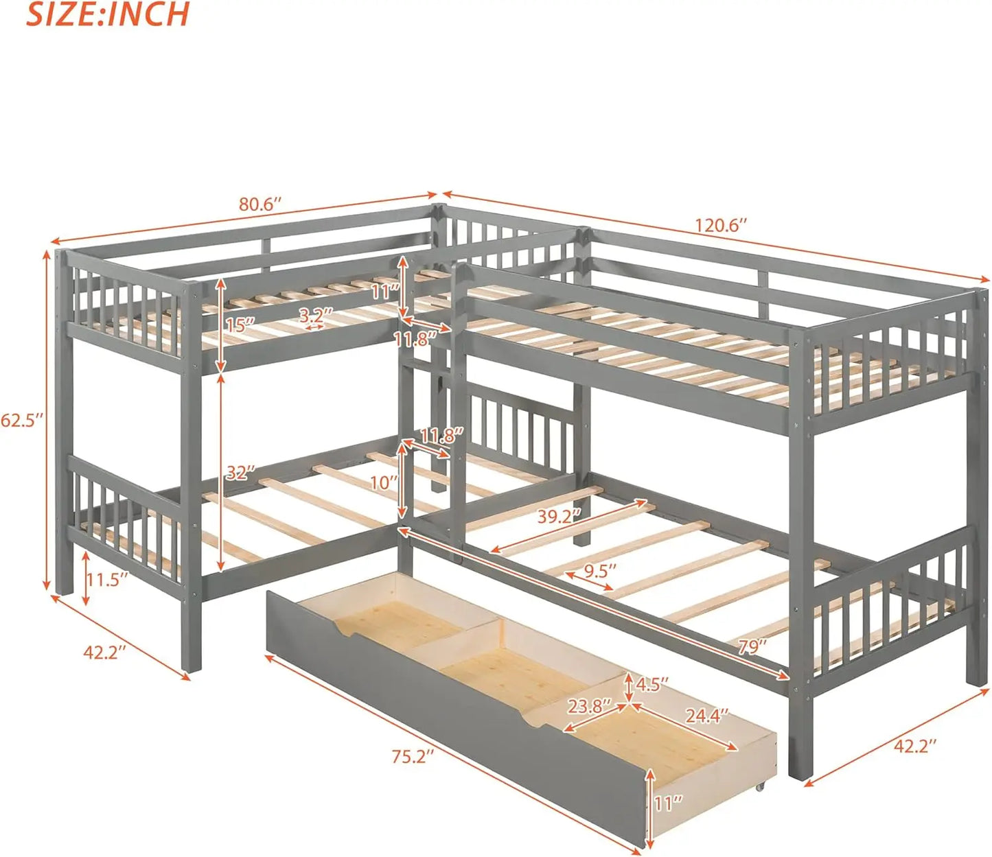 Wooden L Shaped Twin Quad Bunk Bed/Storage Drawers Space-Saving Corner L-Shaped Quadruple 4 Twin Bed