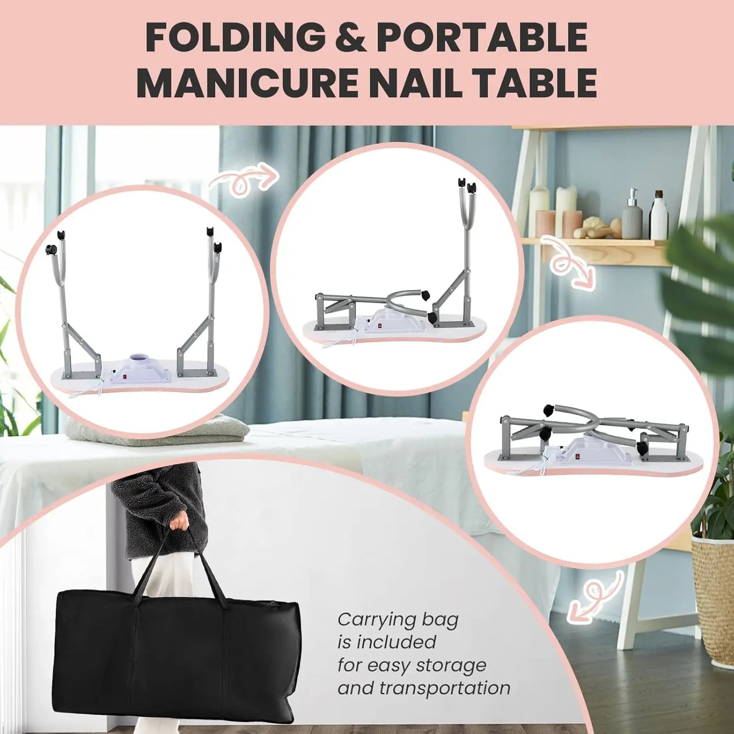 Portable Nail Table, Foldable Nail Technician Desk w/Electric Dust Collector, Bendable LED Lamp