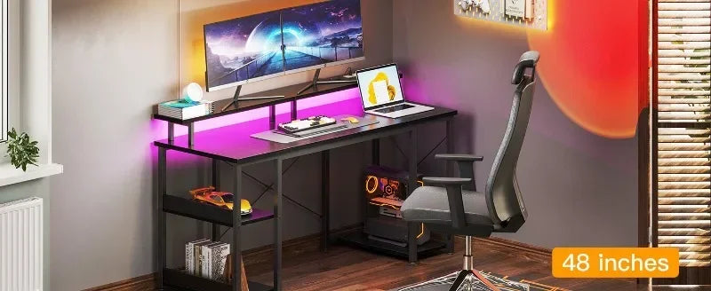 Computer Desk, 48" Gaming Desk/LED Lights & Power Outlets, w/Monitor Stand & Storage Shelves