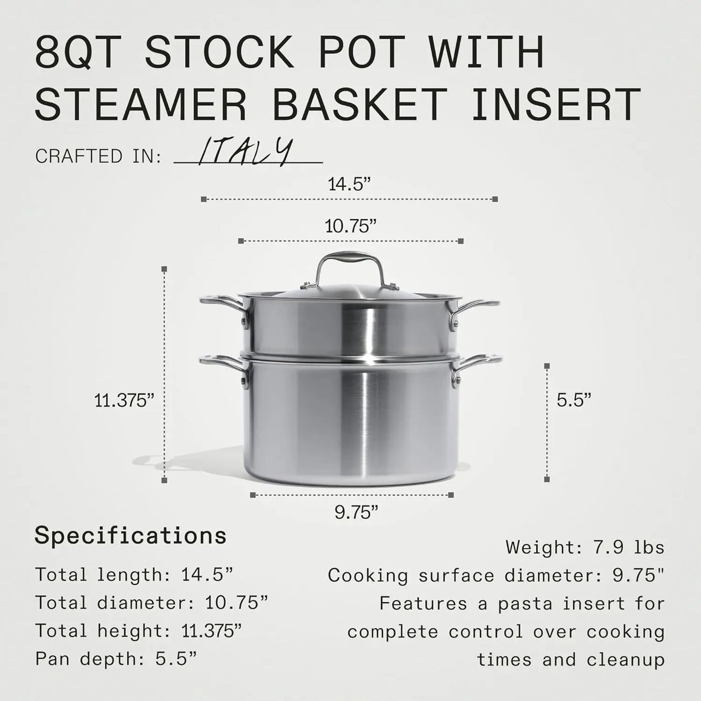 Made In Cookware-6/8/12 Quart Stainless Steel Stock Pot With Lid-5 Ply Stainless Crafted in Italy