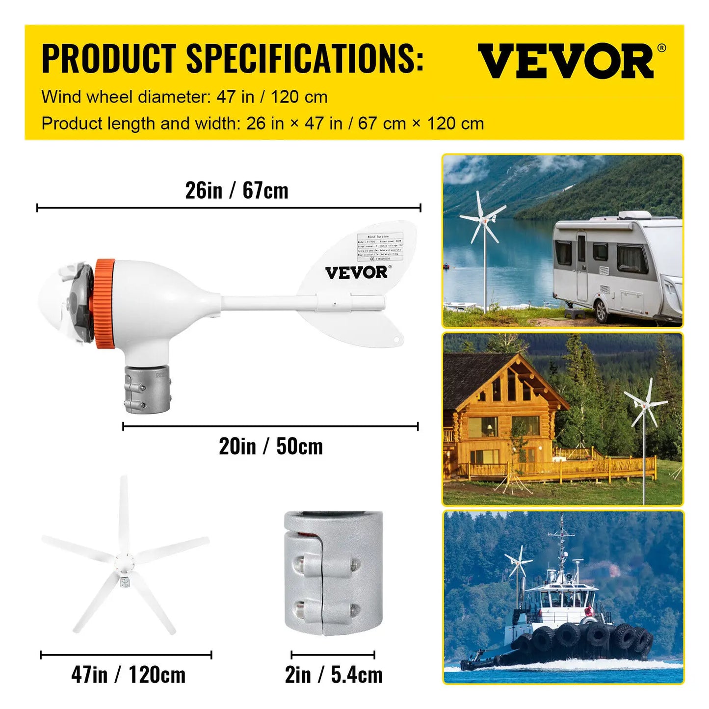 VEVOR Wind Turbine Generator 500W 5 Blades W/MPPT Controller Windmill RV Yacht Farm Wind Generator