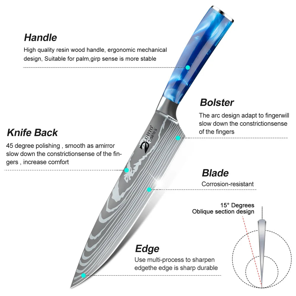 8pcs Kitchen Knife Damascus Stainless Steel Chef Knife / Santoku Knives With Nylon Bag