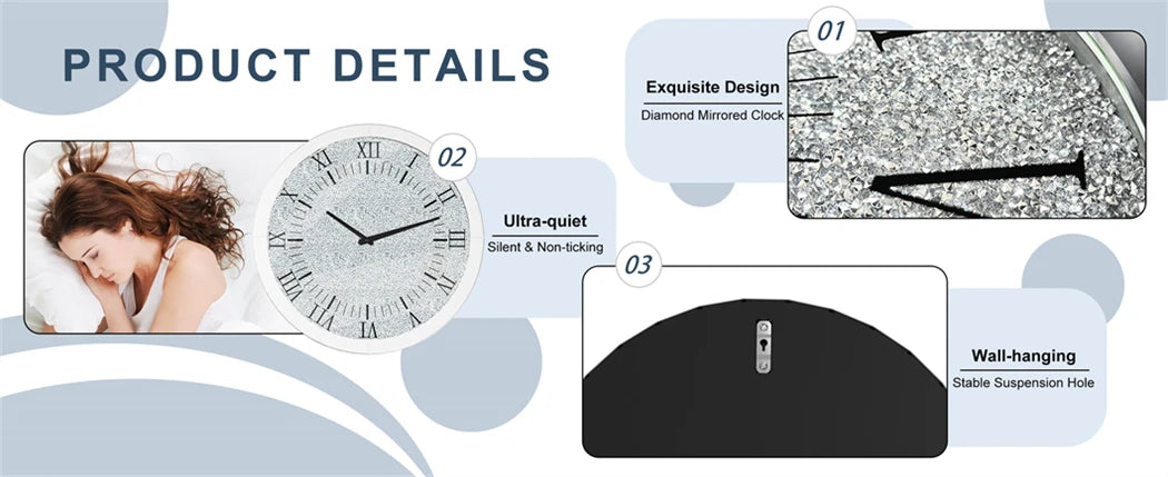 60 CM Crushed Diamond Wall Clock Roman Numerals Clock Quartz with Crystal Diamond Edge