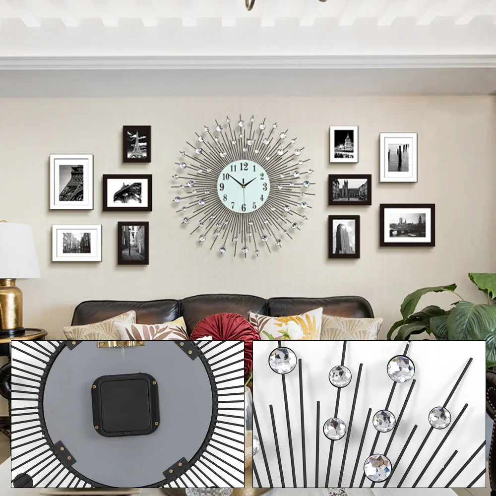 3D Large Metal Sunburst Wall Clock, Luxury Round Diamond Design, Battery Operated,Silent Non-Ticking