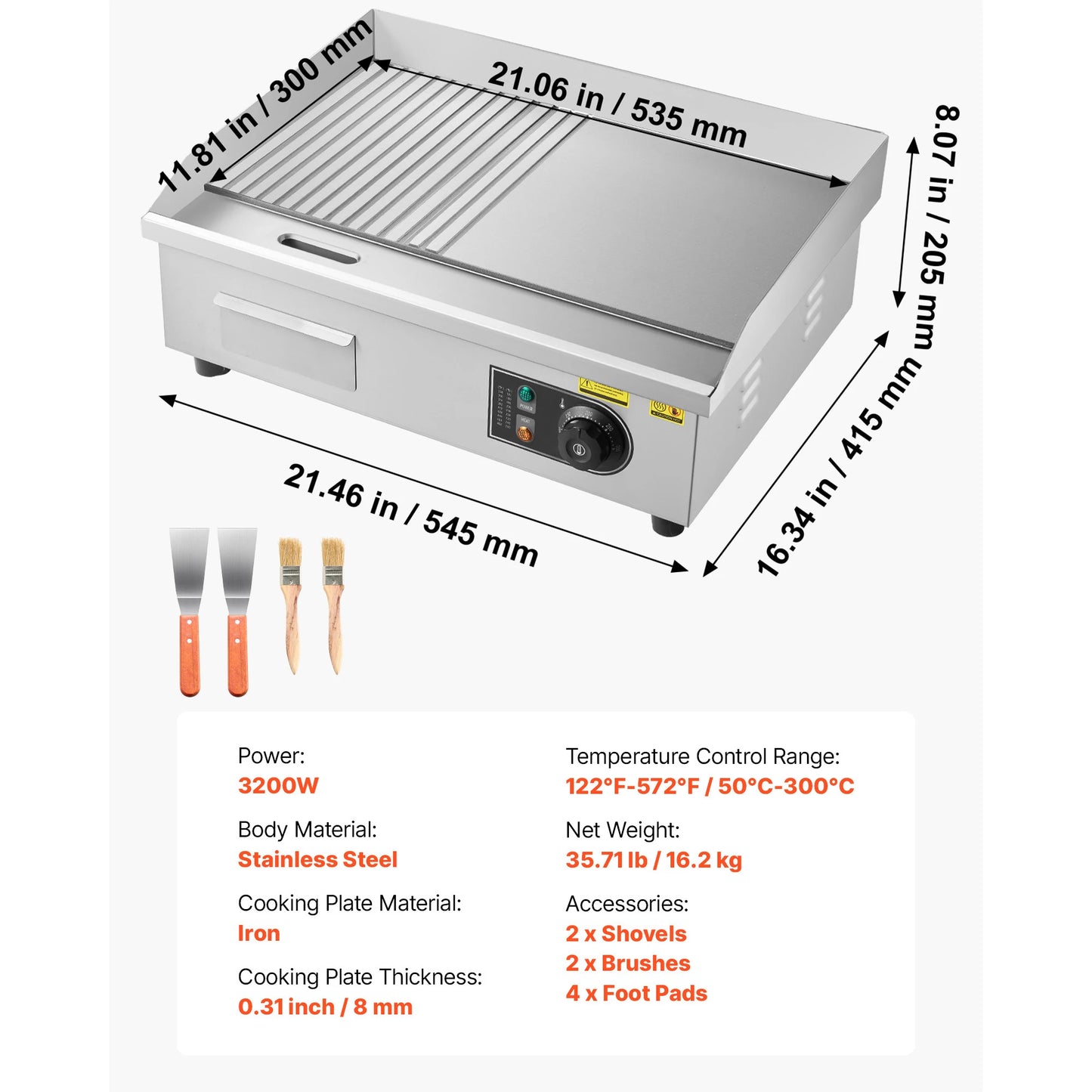 SucceBuy Commercial Electric Griddle 50-300°C Adjustable Temp Control, Stainless Steel Countertop