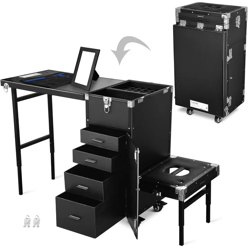 Rolling Manicure Table Foldable Nail Table Makeup Train Case with Desk Cosmetic Trolley