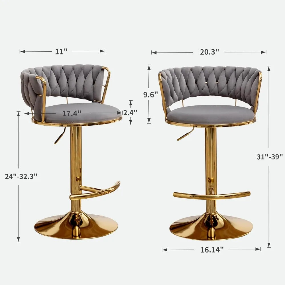 Gold Bar 4 Stools, Counter Height Bar Stools w/Low Back, Velvet Adjustable Height Barstool 360°