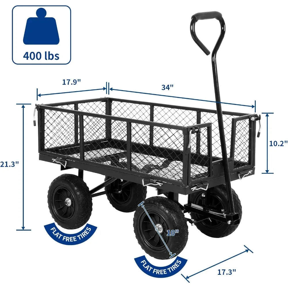 400 Lbs Capacity Steel Garden Cart w/10" Flat Free Tires 180° Rotating Handle/4 Cu.Ft Utility Cart