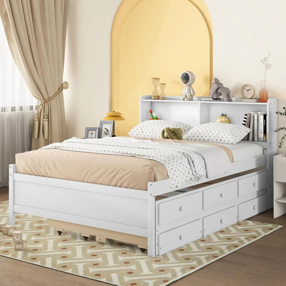 Full Size Bed Frame with Bookcase Headboard,Captain’s Bed Full Trundle Bed with Storage