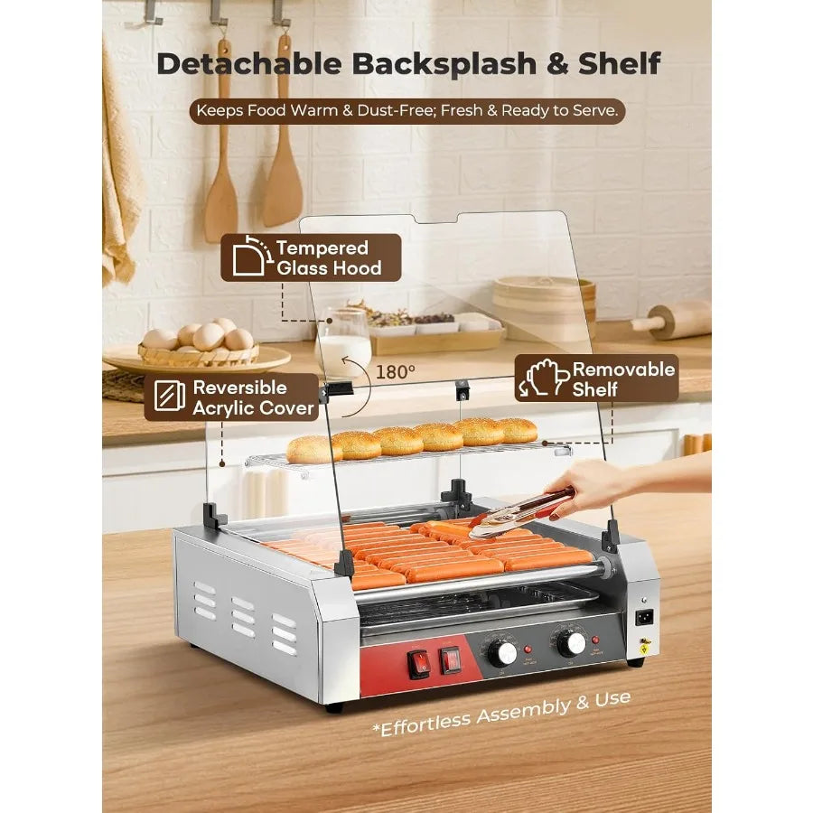 Hot Dog Roller 11 Rollers 30 Hot Dogs Capacity 1650W Stainless Steel Hot Dog Machine Bun Warmer