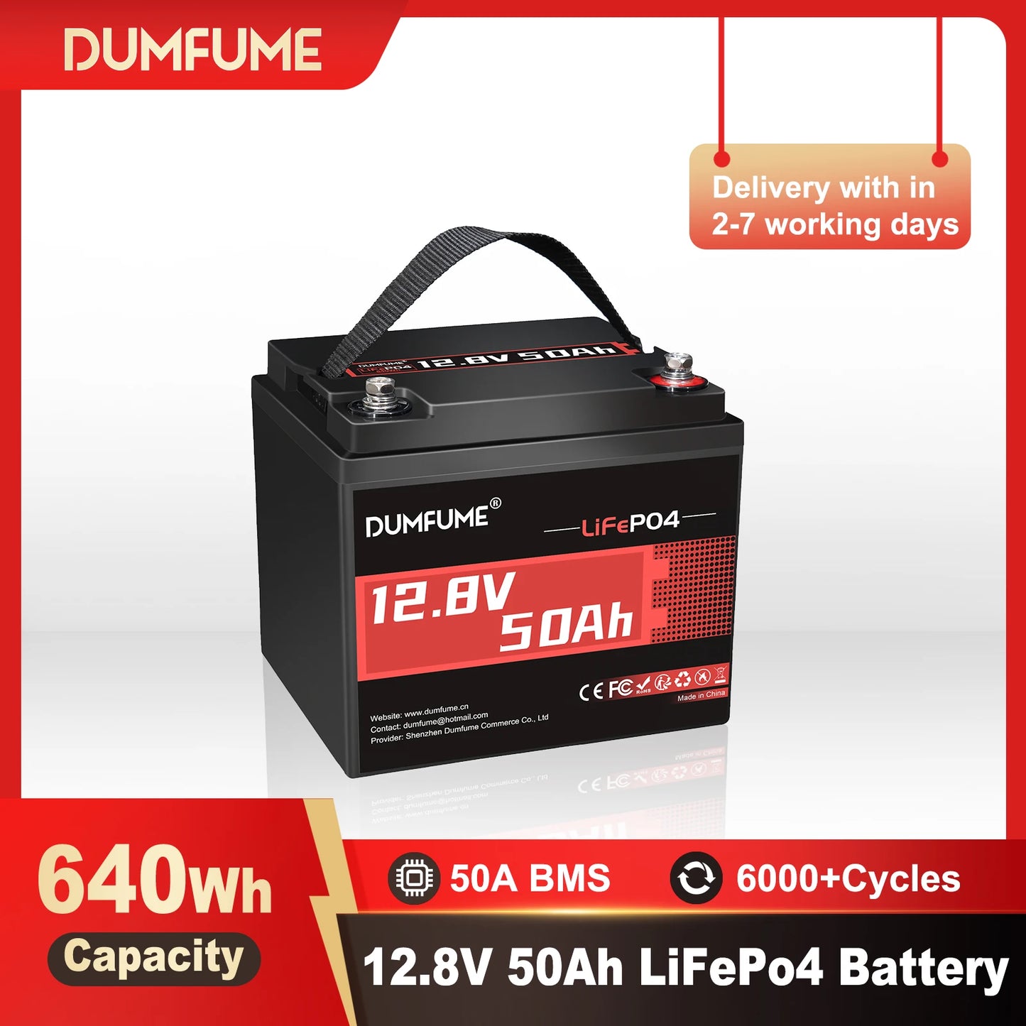 Dumfume 12.8V 50Ah LiFePO4 Lithium Battery 50A BMS 640W Rechargeable Grade A+ Cells