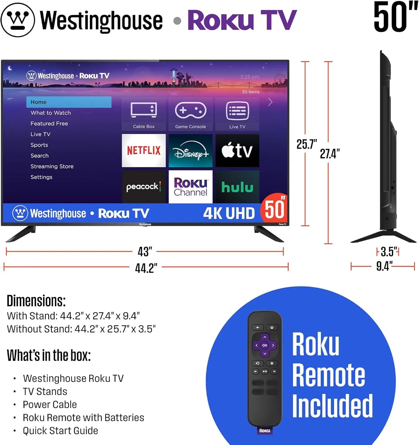 50 Inch Smart TV, 4K UHD LED TV with Wi-Fi Connectivity and Mobile App, Flat Screen TV