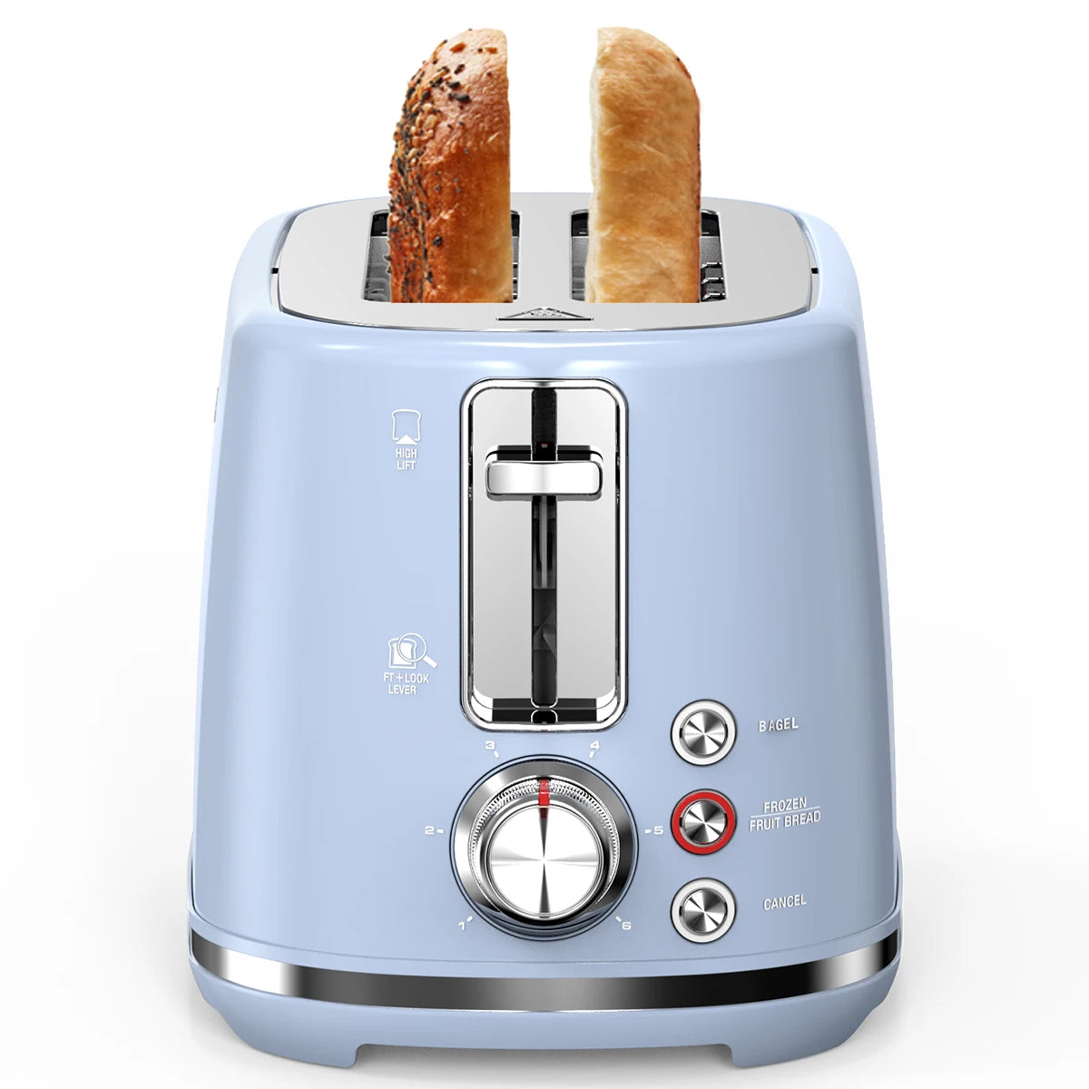 2 Slice Toaster w/1.5" Extra Wide Slots & Crumb Tray 6 Options Auto Shut Off & Frozen Function, Blue