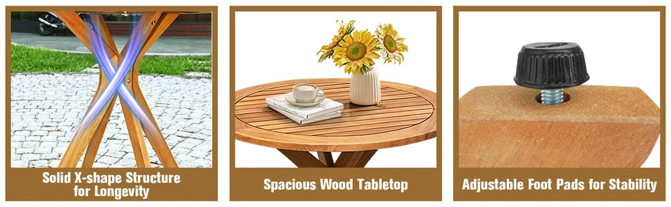 Comfort Corner 27.5 Inch Eucalyptus Wood Outdoor Patio Bistro Table, Wooden Table w/X Base