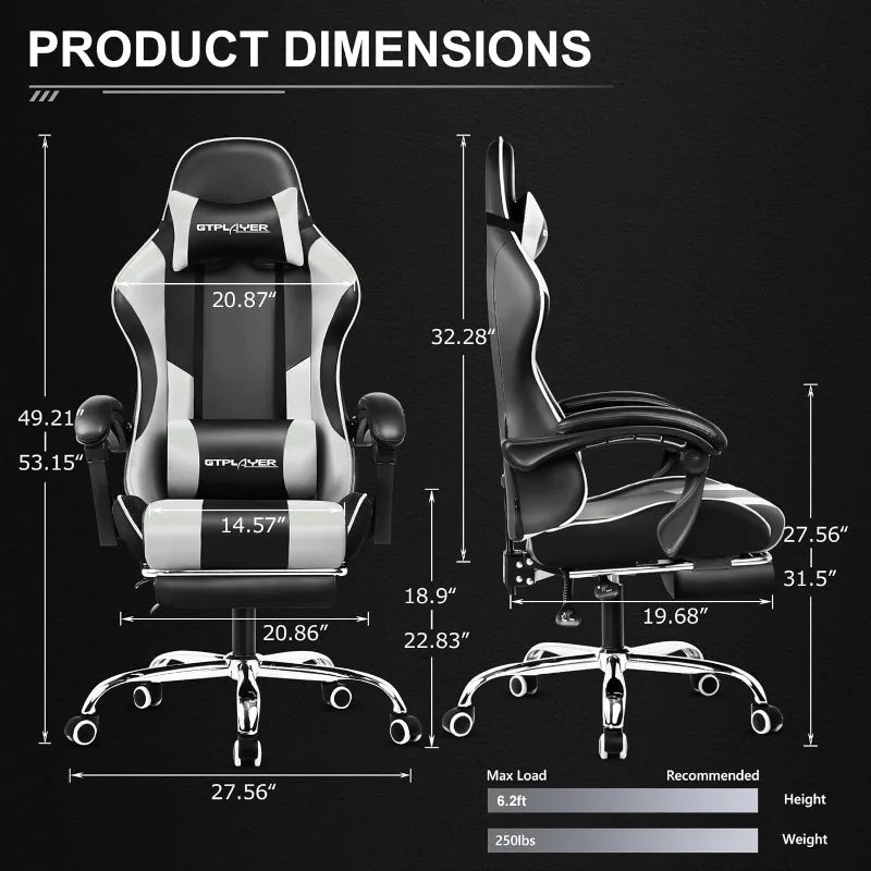 GTPLAYER Gaming Computer Chair w/Footrest and Lumbar Support, Height Adjustable Game Chair w/ 360°