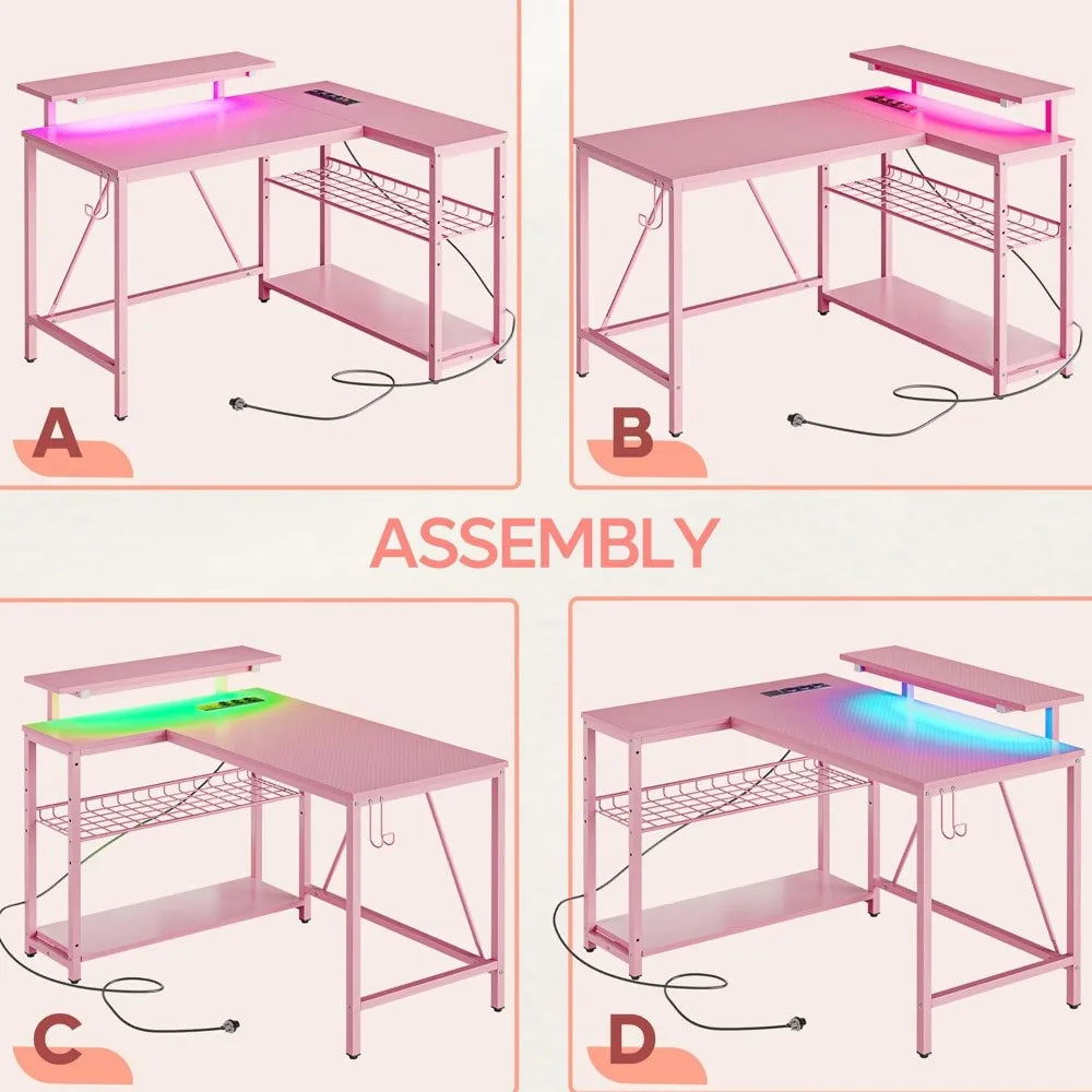 Bestier Small Gaming Desk w/Power Outlets,42 L Shaped LED Computer Desk w/Stand Reversible Shelves