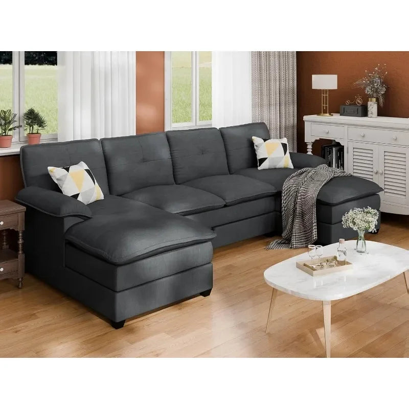 110" U-Shaped 4 Seat Sectional Sofa with Double Chaise, Modern Fabric Modular Couch Sleeper