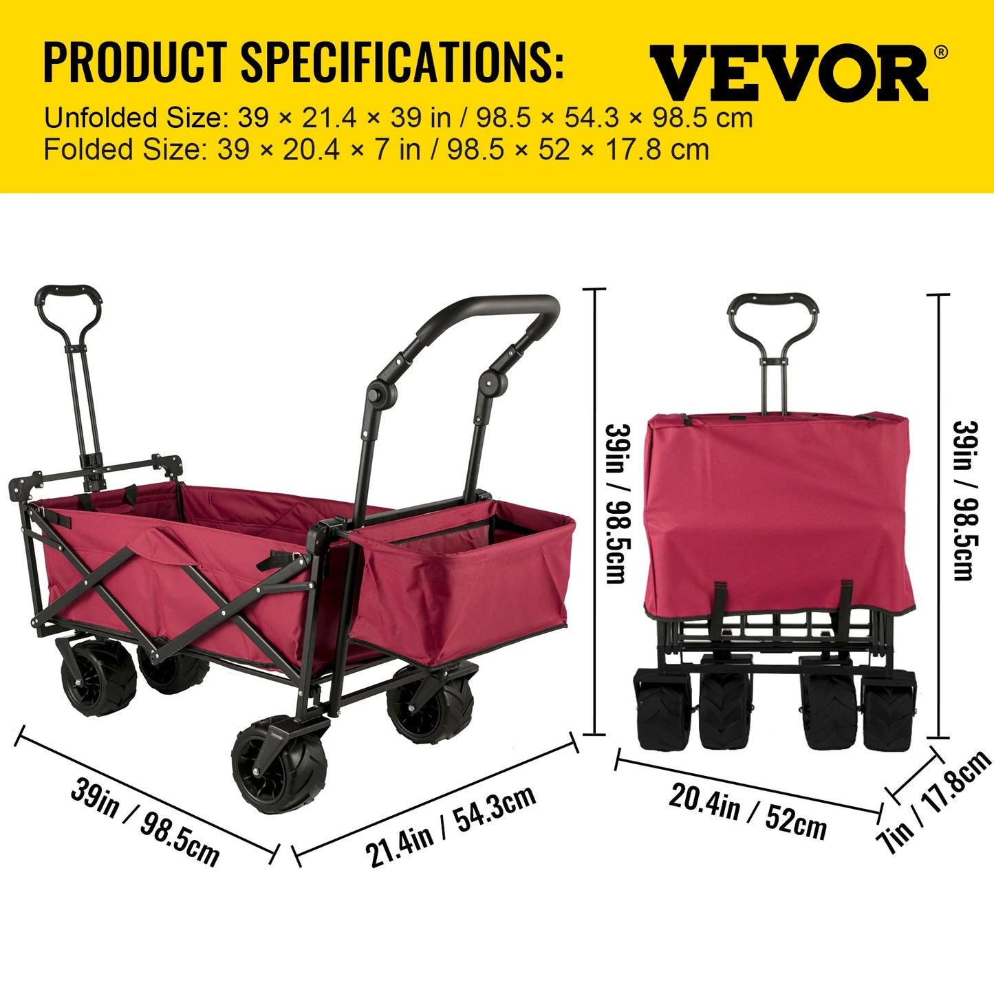 VEVOR Folding Wagon Cart W/ Adjustable Handle Bar Removable Canopy Oxford Cloth Collapsible