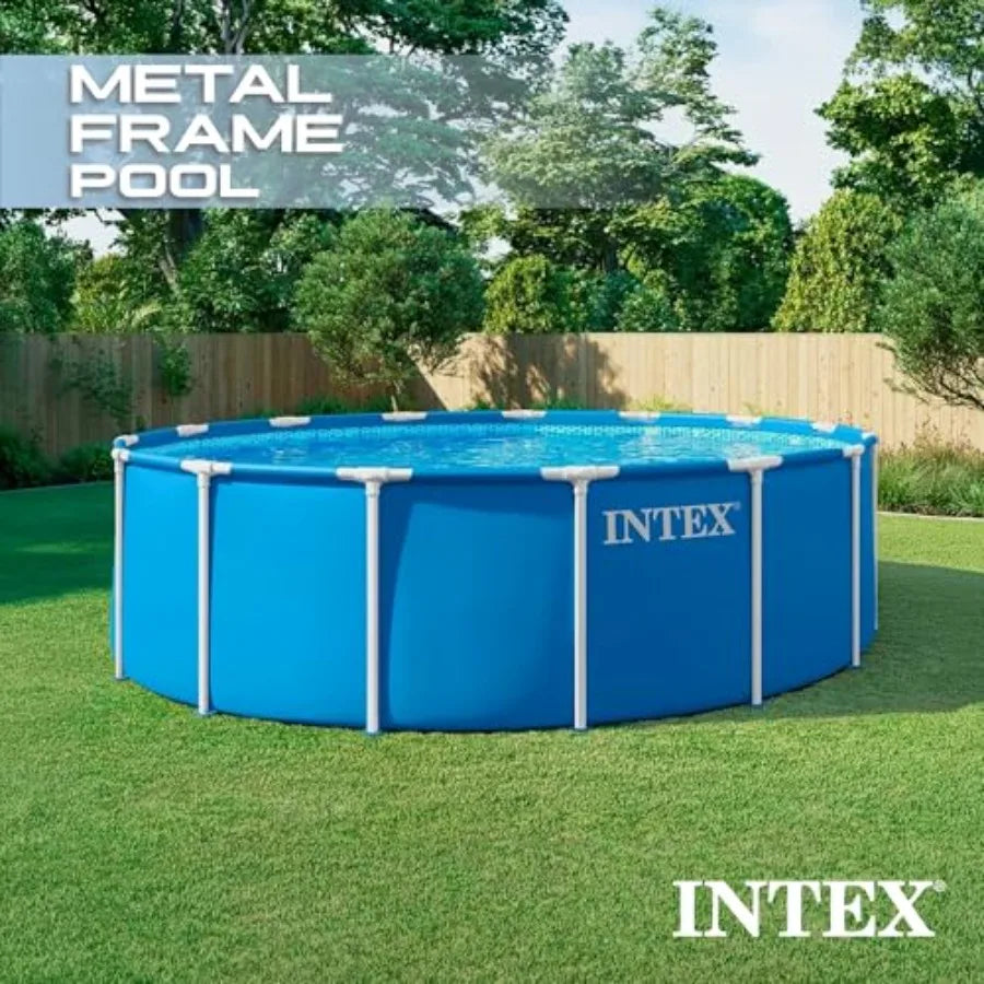 INTEX Above Ground Pool Set: Steel Frame, 15 ft x 48 in Round, Metallic Gray, Rust-Resistant Coating