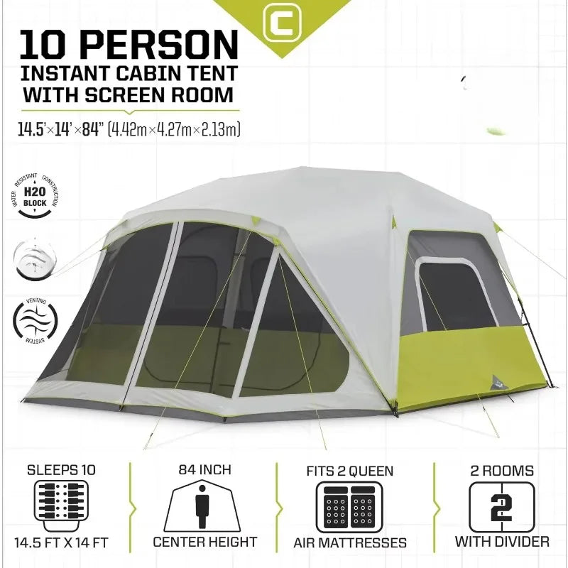 10 Person Instant Cabin Tent 2 Room Huge Tent Pockets Portable Large Pop Up