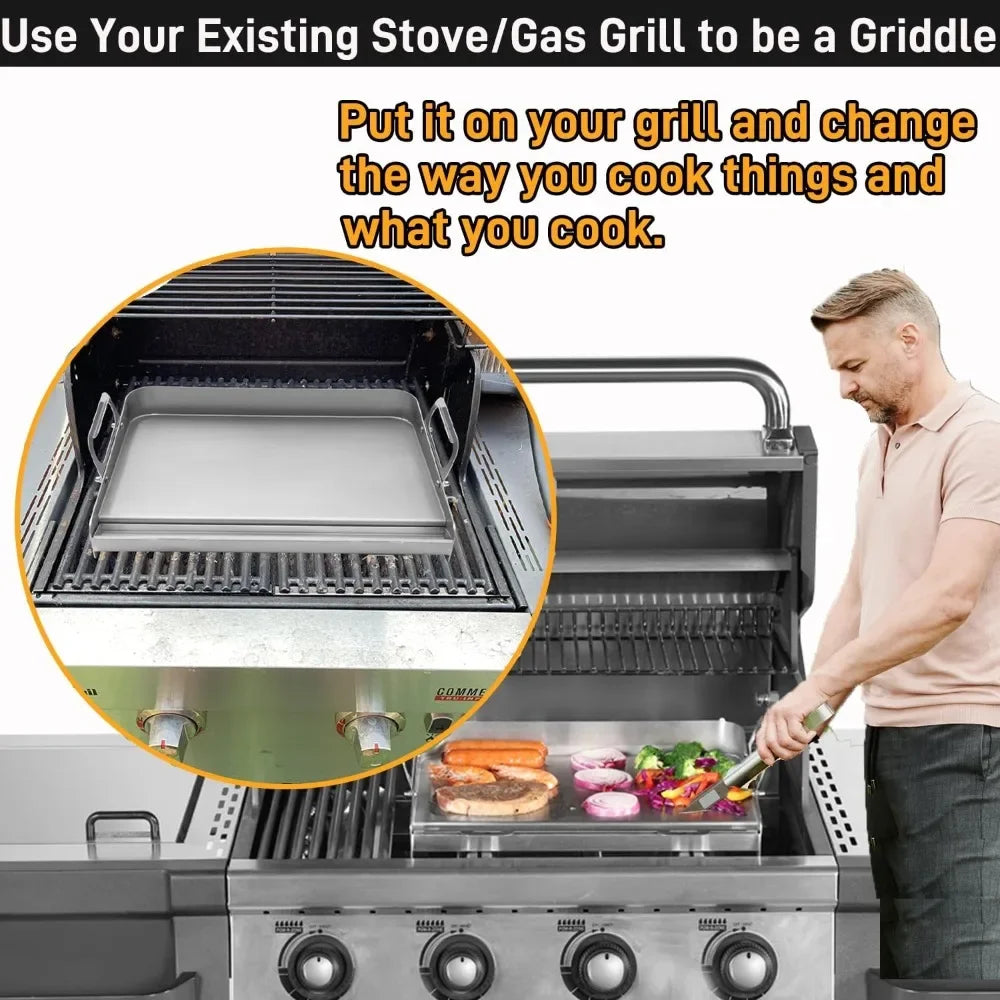 Griddle for Gas Grill, Flat Top Grill with Removable Grease Tray, 23" X 16" Stainless Steel Griddle