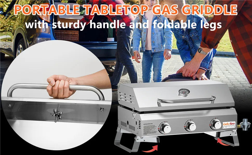 Flat Top Gas Griddle with Foldable Legs, 3-Burner Stainless Steel Propane Gas Grill Griddle