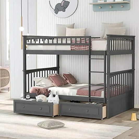 Full over Full Bunk Bed w/Two Storage Drawers Versatile Convertible Design Solid Wood Construction