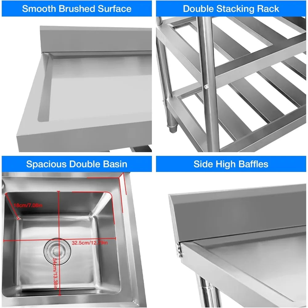 304 Stainless Steel Sink 2 Compartment Free Standing Utility Sink Commercial Restaurant Kitchen Sink