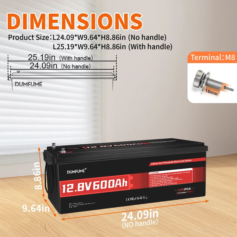 Dumfume 25.6V 100Ah Lifepo4 Lithium Battery 2560w/With 100A BMS 12.8V 100/300/600Ah 38.V 100Ah