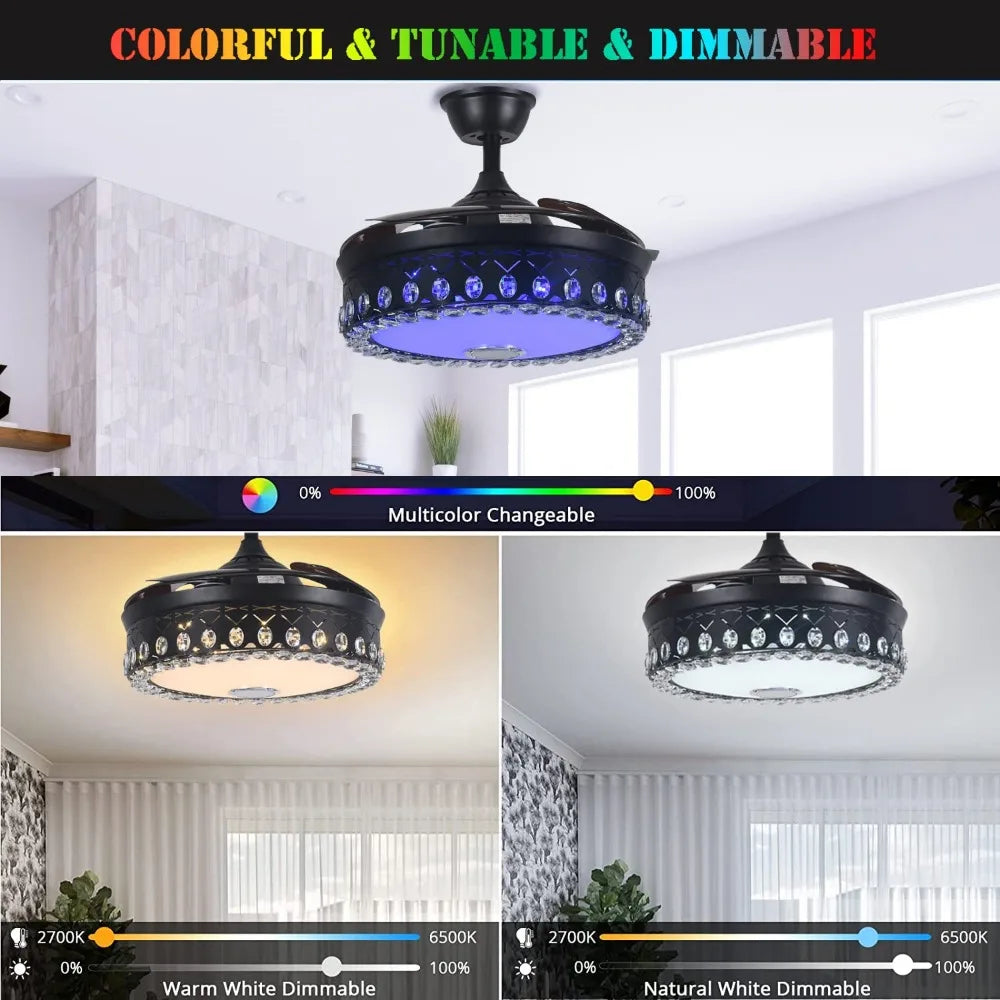 Smart Ceiling Fan/Light, Bluetooth Speaker Chandelier/ Retractable Blades Fandeliers w/Remote