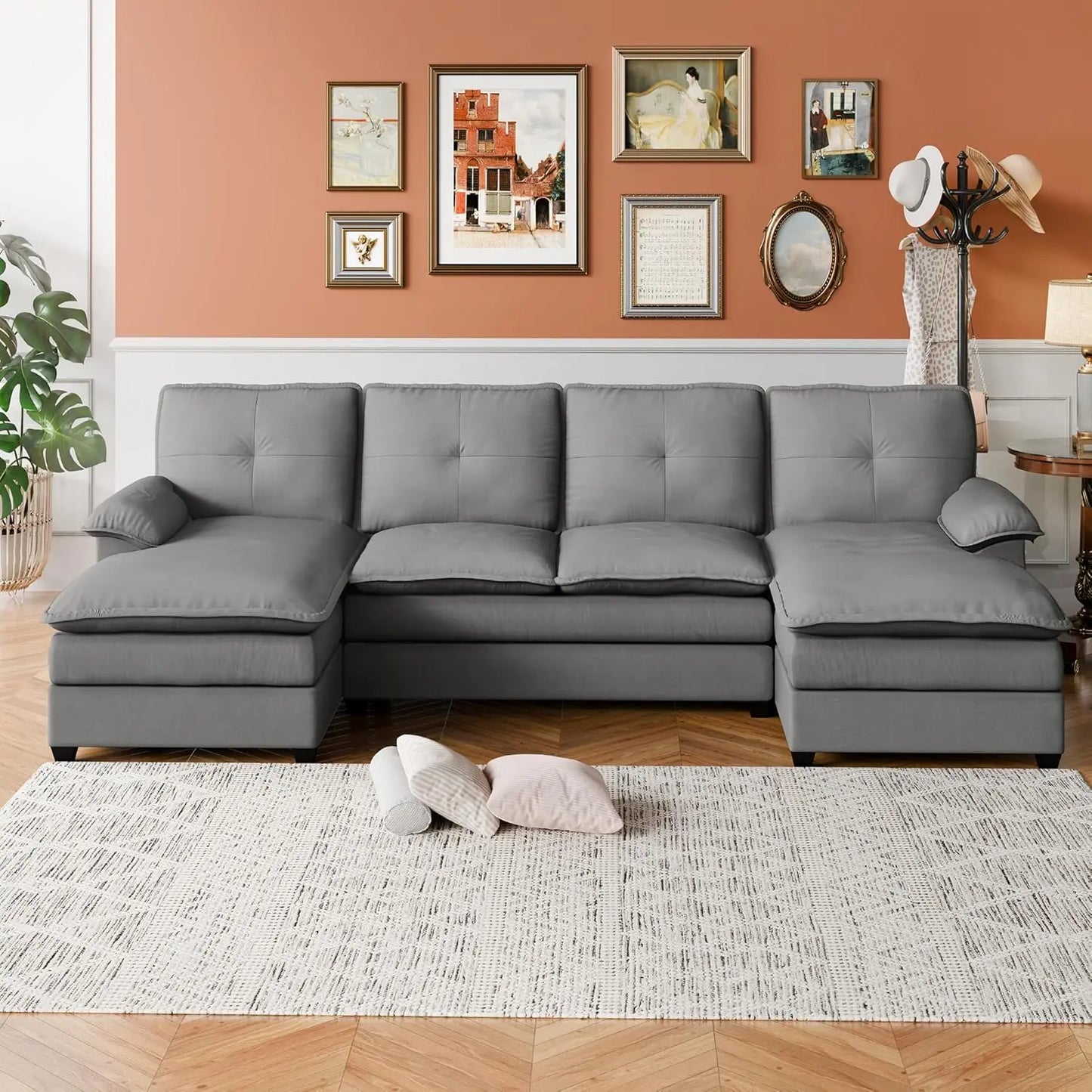 SUNLEI 110" U-Shaped Living Room Furniture Set, 4 Seat Sectional Sofa with Double Chaise, Light Grey