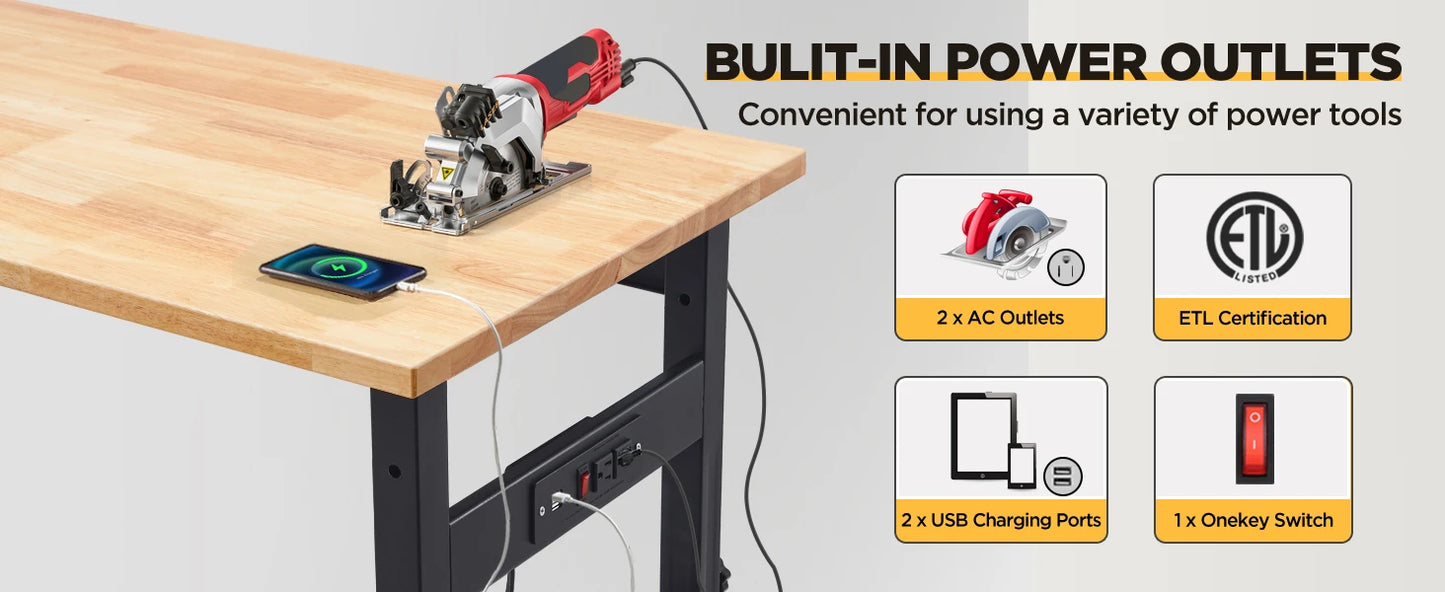 Work Bench Garage w/Power Outlets, 2200 Lbs Capacity Hardwood Top Workbench Table Heavy-Duty