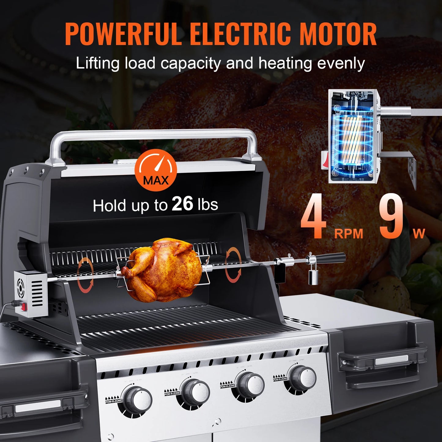 VEVOR Universal Grill Rotisserie Kit for Grills, Electric BBQ Grill with 9W Motor, Stainless Steel