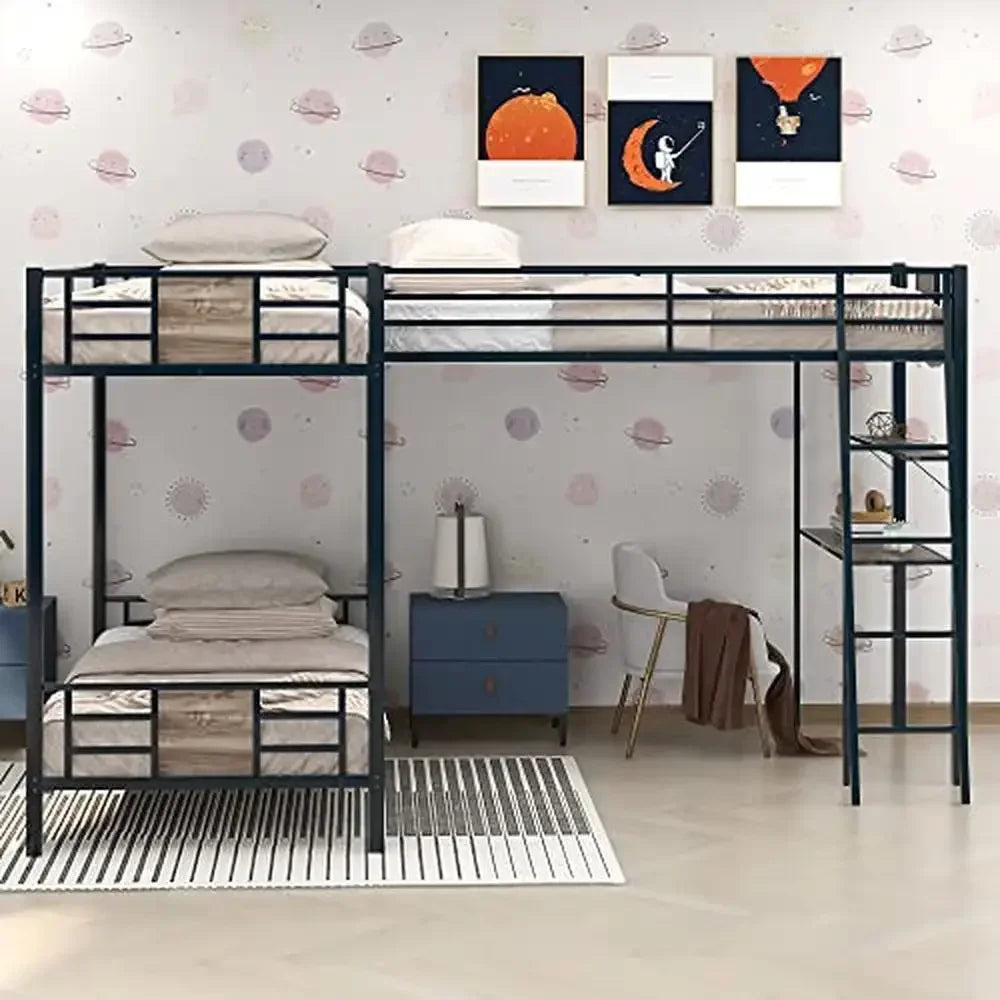 Triple Bunk Bed/Desk and Shelf/Metal L-Shaped Loft Bed Twin Over Twin 3 Kids Teens Adults