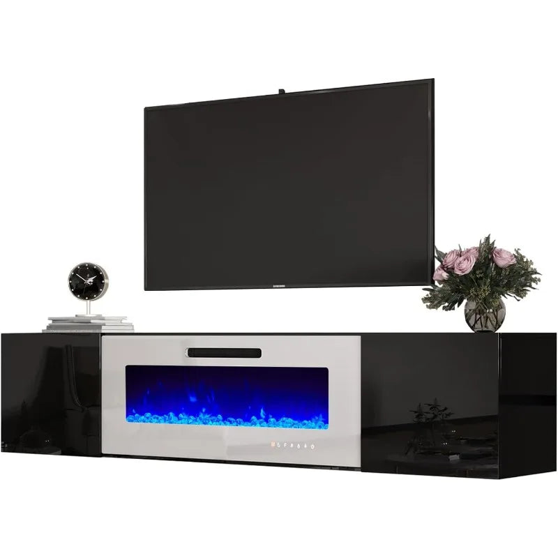 Floating TV Stand w/ 36" Electric Fireplace,High Gloss Finish Wall Mounted Entertainment Center