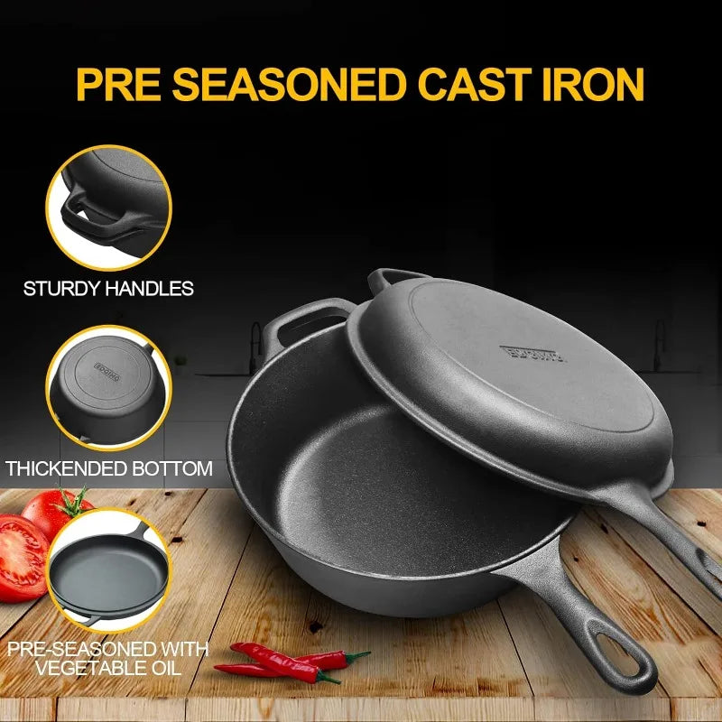 EDGING Dutch Oven Pot w/Skillet Lid Cooking Pan, Cast Iron Skillet Cookware Pan w/Dual Handles