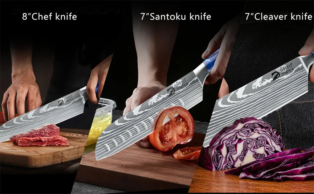 8pcs Kitchen Knife Damascus Stainless Steel Chef Knife / Santoku Knives With Nylon Bag
