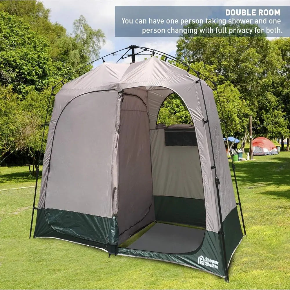 Portable Outdoor Pop-Up Shower Tent with Changing Room - 2-Room Enclosure - 7.5' x 4' x 7.5', Green