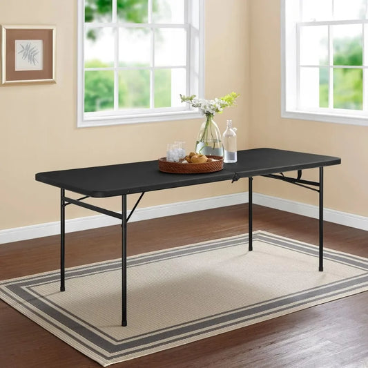 6 Foot Bi-Fold Plastic Folding Table Black The rectangular table is sturdy and durable Mainstays