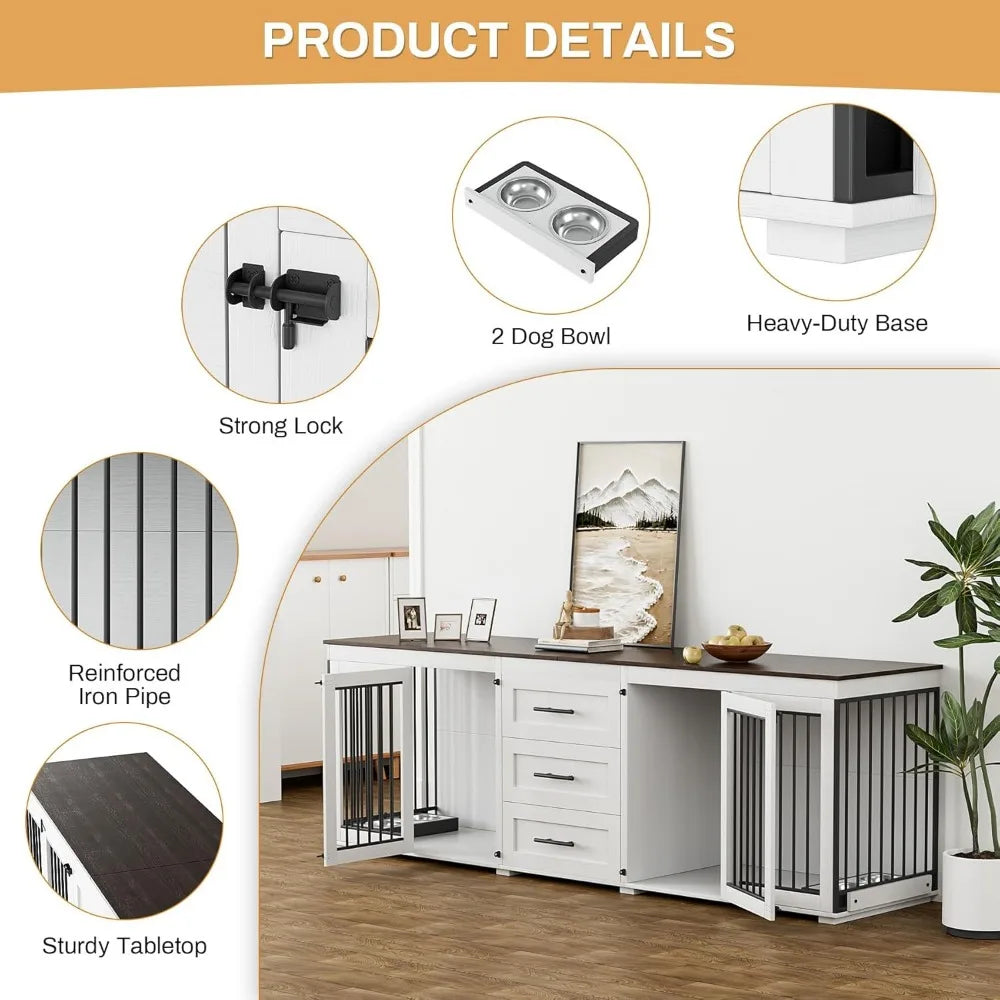 94.5" Large Dog Crate Furniture/2 Dogs, Double Wooden Dog Kennel Furniture/4 Dog Bowls & 3 Drawers