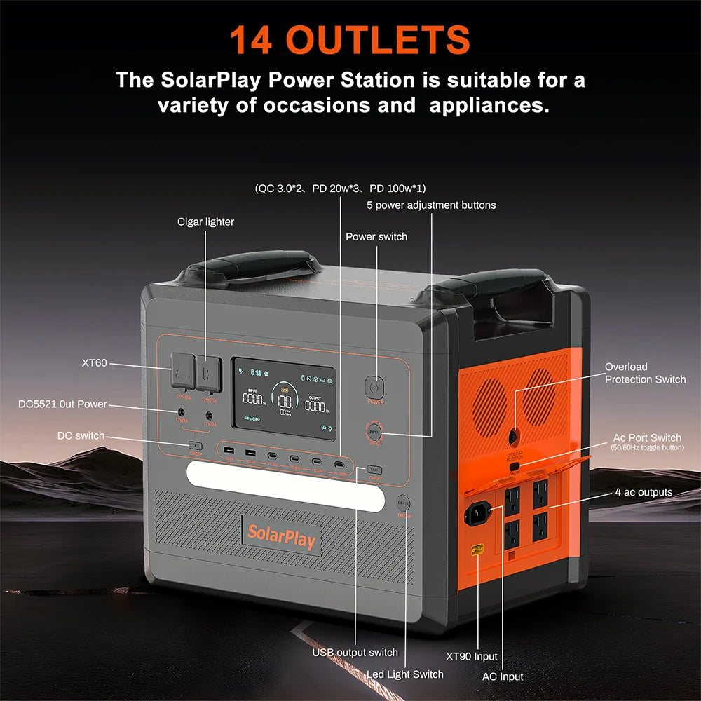 SOLARPLAY Portable Power Station 2500W/2300Wh Solar Generator with 4 AC Outlets (4800W Peak)